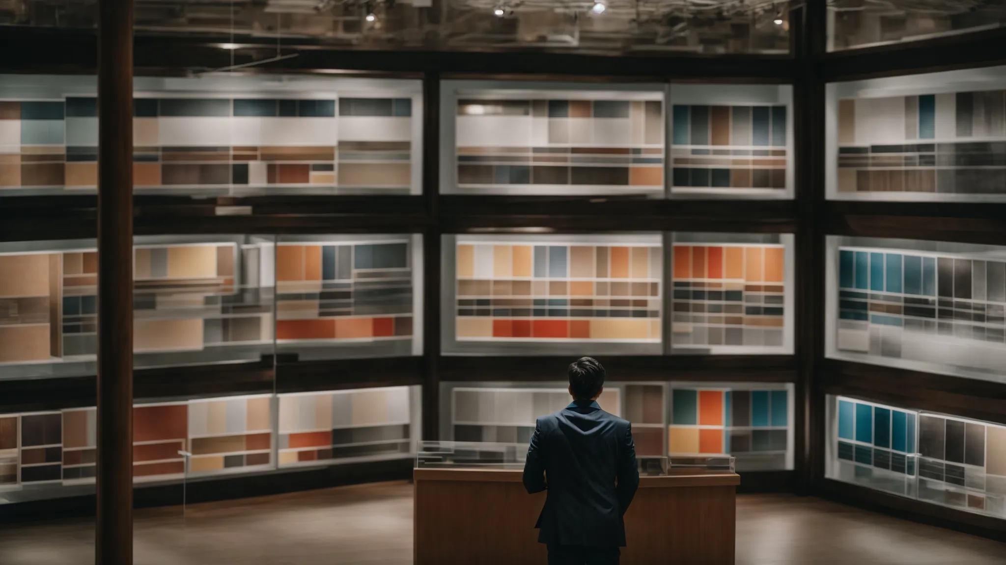 a homeowner stands in front of an array of vinyl windows at a showroom, contemplating the selections.