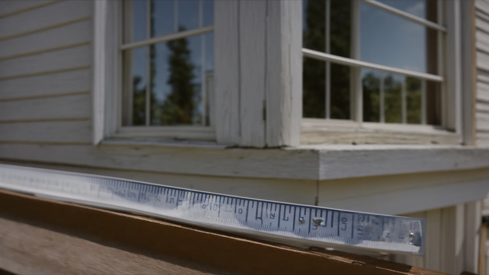 a tape measure rests against the exterior frame of a house window on a sunny day.