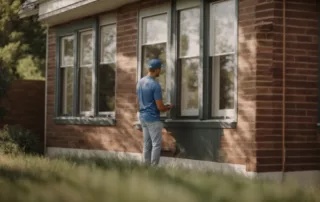 a homeowner in kansas city smiles as a professional shows a sample of a new vinyl window next to their current house windows.