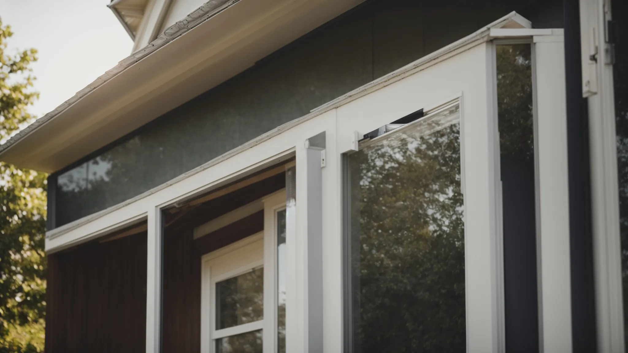 a professional standing outside a home, aligning a new vinyl window into the frame of a freshly updated house.