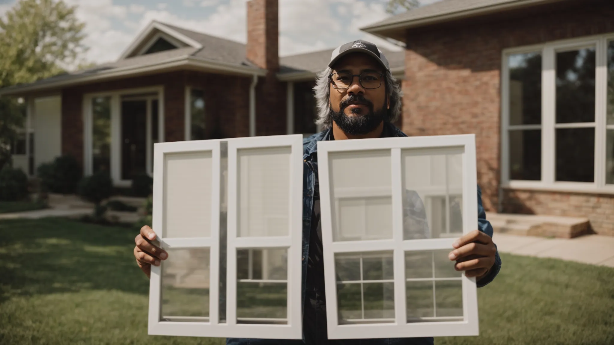 a kansas city homeowner holds up two vinyl window samples, comparing them side by side against the backdrop of their house.