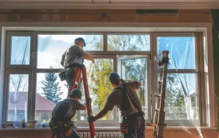 a team of workers carefully installing a new window in a kansas city home.