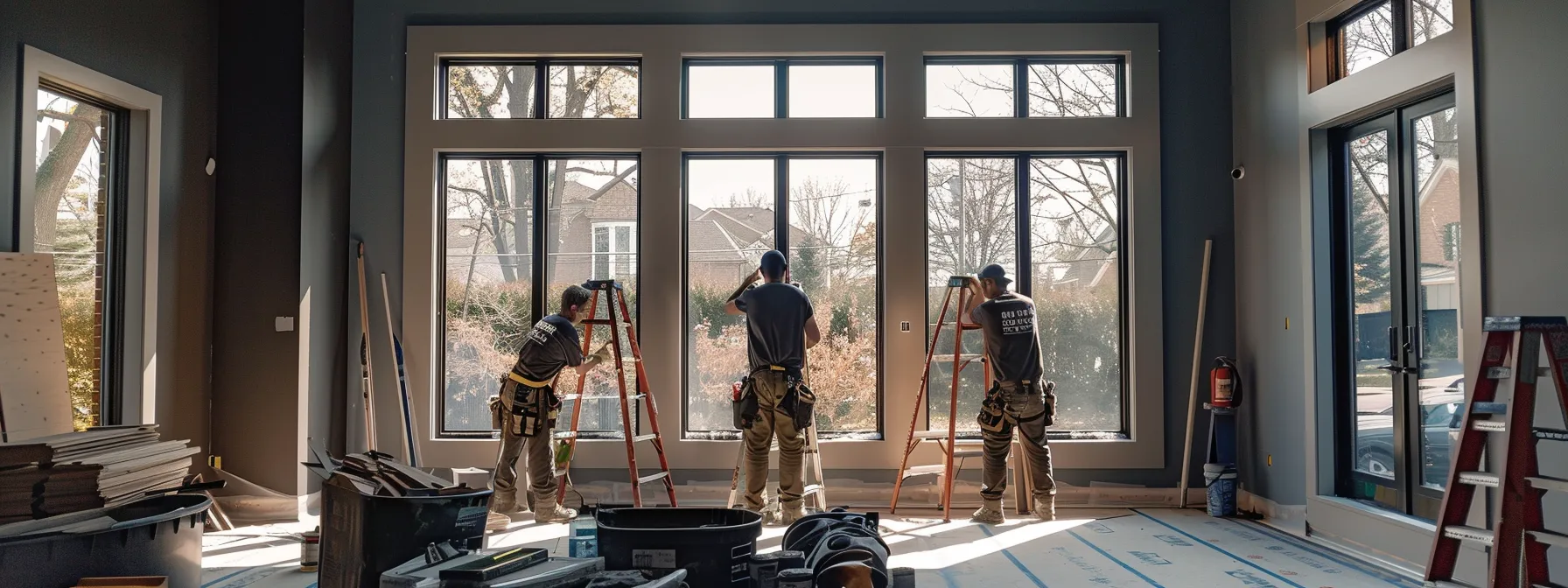 a team of workers from sunshine home improvement installing a large, high-quality window in a modern kansas home.