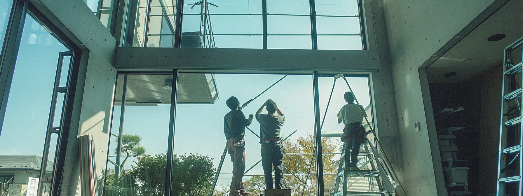 a group of workers installing high-tech windows in a modern home.