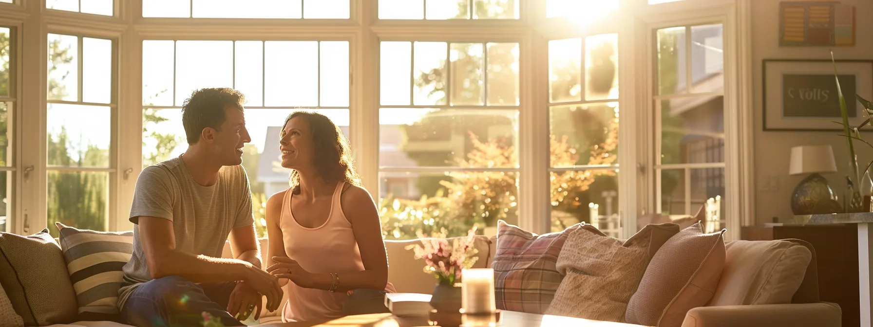 a homeowner discussing window options with a consultant in a sunlit room.